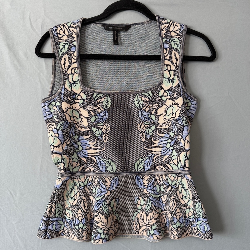 BCBGMaxAzria Womens Floral Alonya Knit Peplum Top XS Bare Pink Stretch ASO